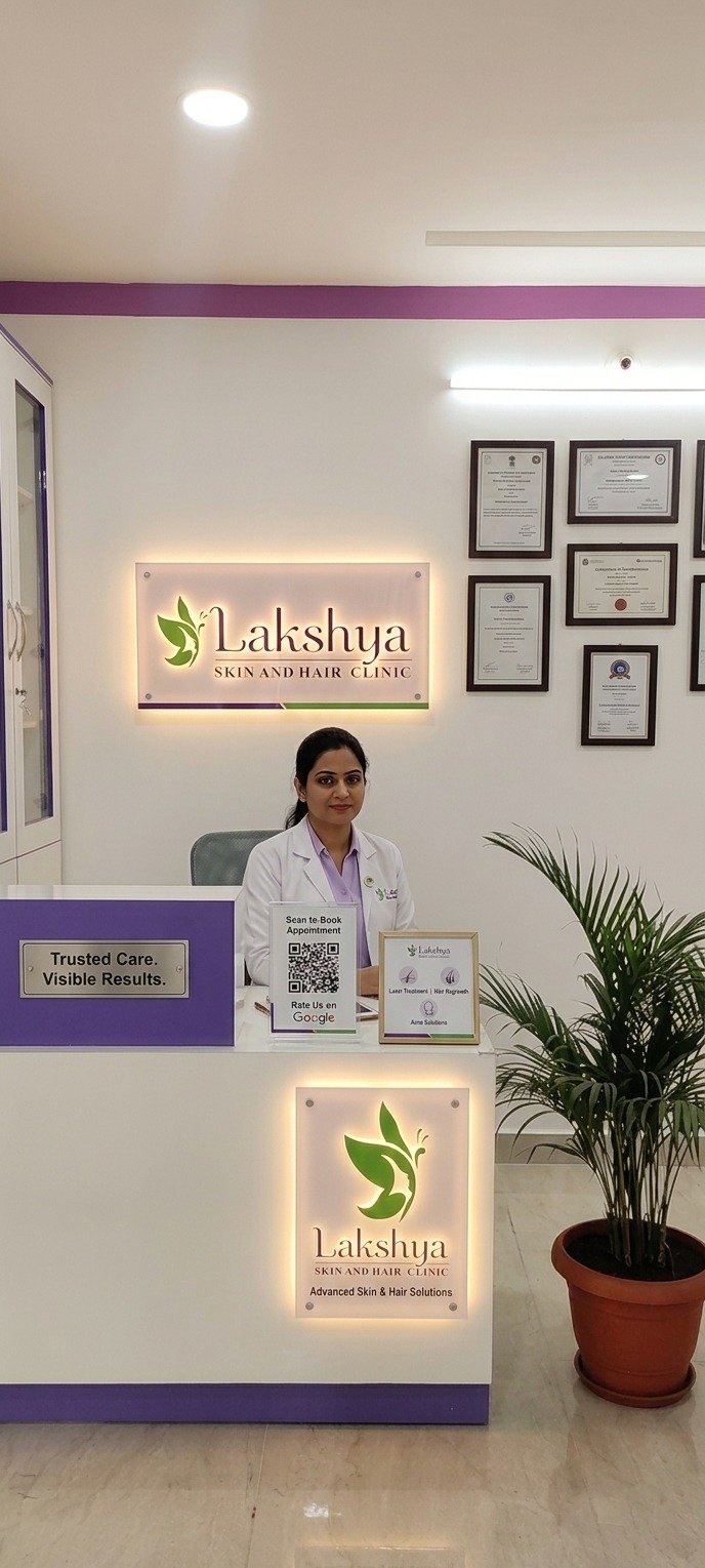 Reception desk and waiting area at Lakshya Skin and Hair Clinic